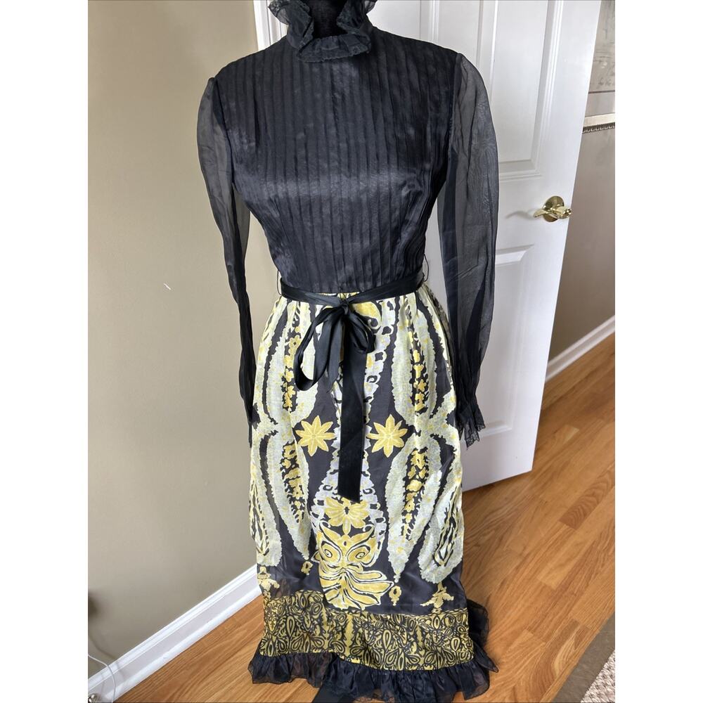 1960s Malcolm Starr Rizallah Dress Maxi Vintage black gold silk print ruffles 8